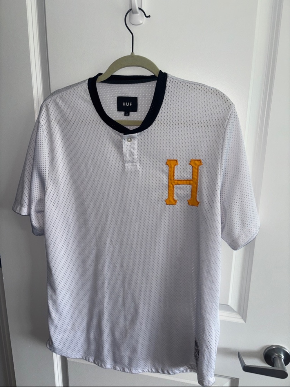HUF White Mesh Short Sleeve Jersey with Gold 'H' & Black Trim